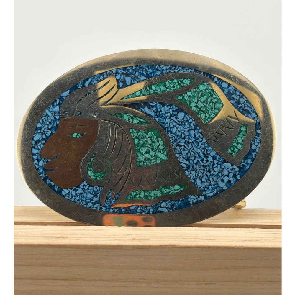 Vintage Southwestern Style Mosaic Turquoise and Stone Indian Chief Belt Buckle